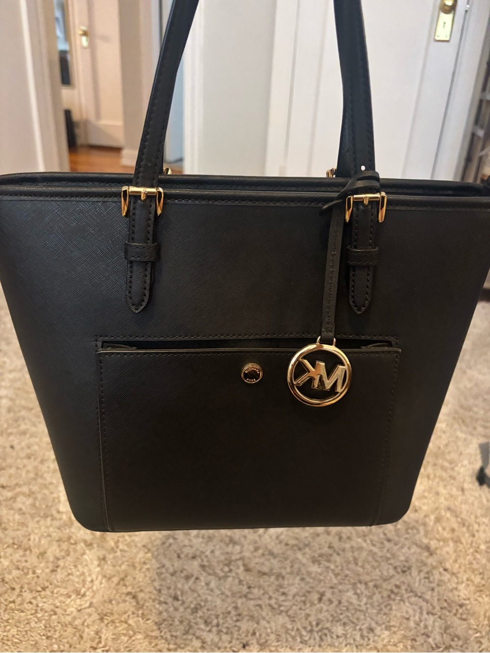 Michael Kors Black Leather Tote with Gold MK Charm